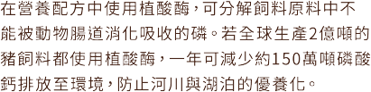 養配方中使用植酸酶，可分解飼料原料中不能被動物腸道消化吸收的磷。若全球生產2億噸的豬飼料都使用植酸酶，一年可減少約150萬噸磷酸鈣排放至環境，防止河川與湖泊的優養化。